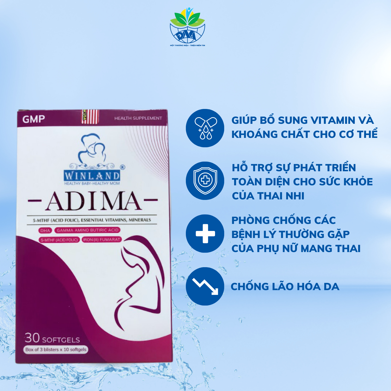 Viên uống bổ bầu Adima, bổ sung vitamin tổng hợp cho bà bầu vỉ 3x10 viên